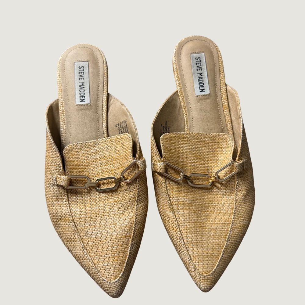 Steve Madden Faraway Mules Size 10 Woven Raffia Chain Link Flat Tan Summer